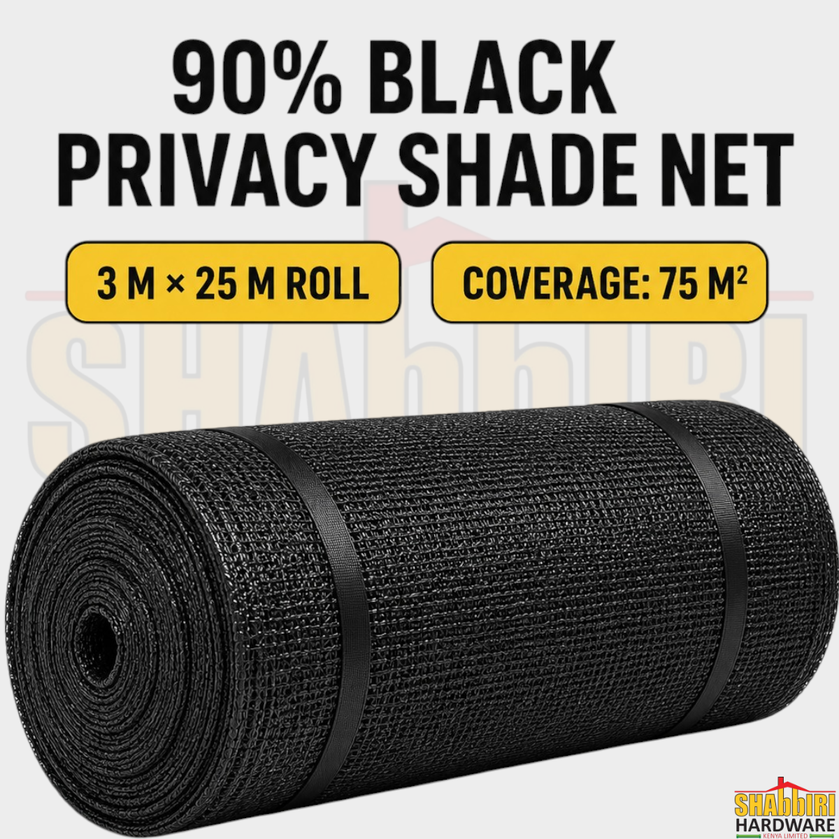 Shade Net 90% Black (Privacy Screen) – 25m x 3m Heavy Duty UV HDPE Fence & Site Netting, 75 Sqm Roll
