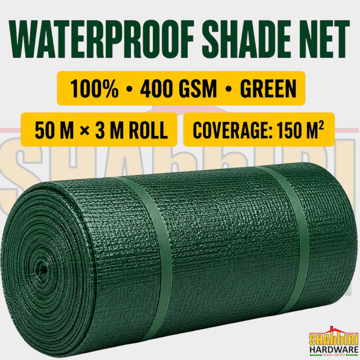 Waterproof Shade Net 100% Green 400 GSM 50m x 3m Roll |Shabbiri Hardware.
