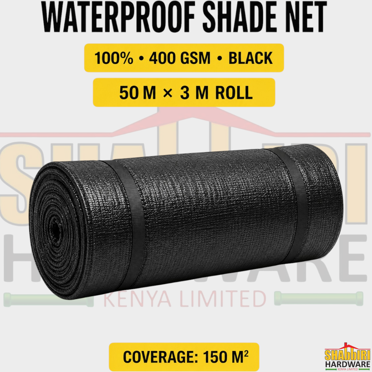 Waterproof Shade Net 100% Black 400GSM – 50m x 3m Roll | Heavy Duty Rainproof Car Park & Canopy Shade Cloth